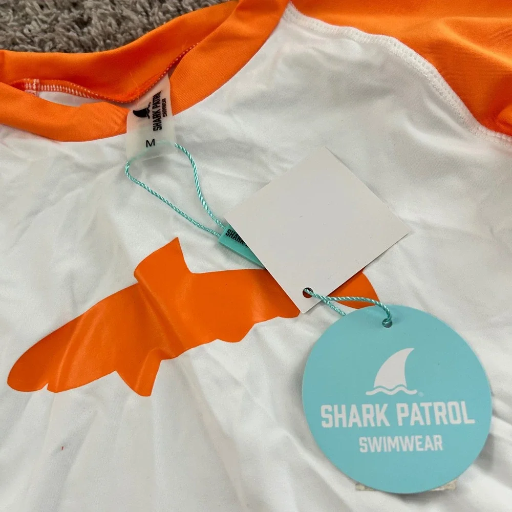 Shark Patrol Swimwear Kids Long Sleeve Orange White Shark Graphic Size‎ M